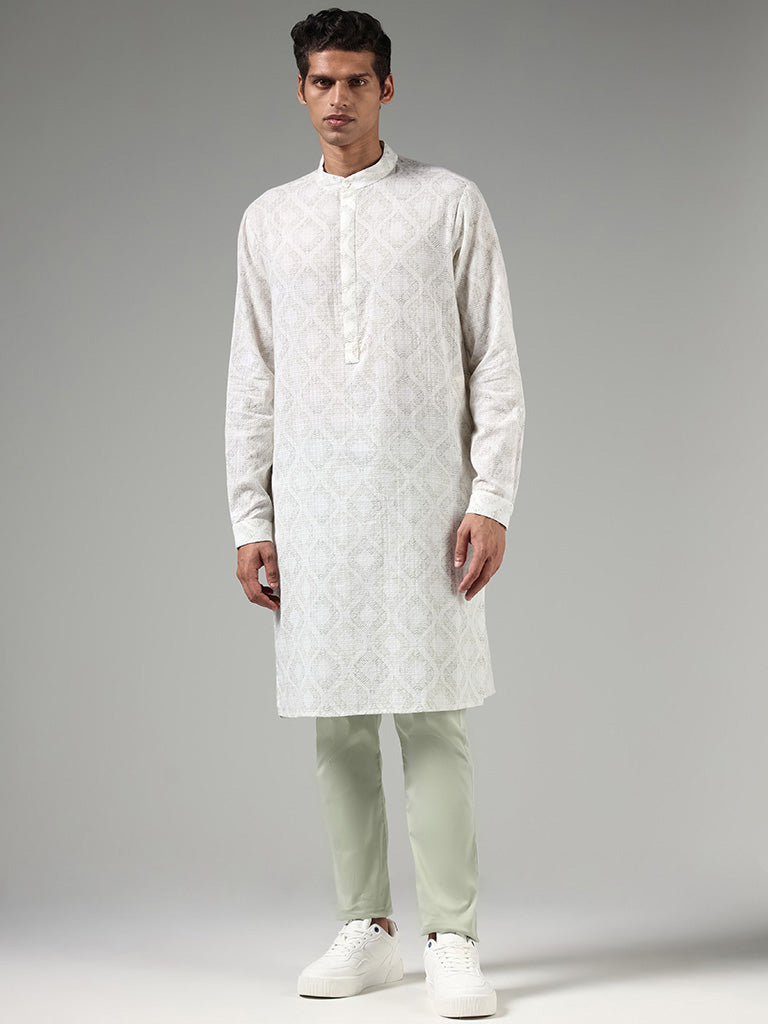 Kala by ETA Off White Floral Motif Printed Blended Linen Kurta