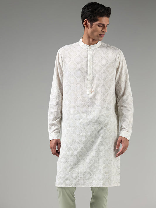 Kala by ETA Off White Floral Motif Printed Blended Linen Kurta