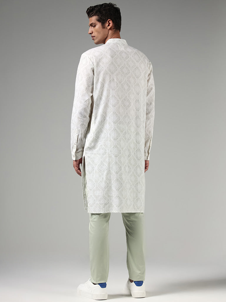 Kala by ETA Off White Floral Motif Printed Blended Linen Kurta