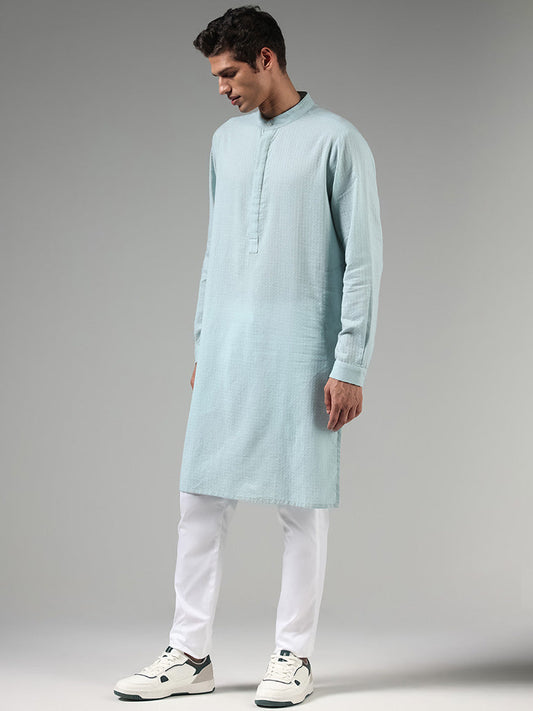 Kala by ETA Light Turquoise Self Patterned Blended Linen Kurta