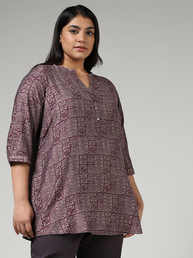 Diza Purple Geometric Patchprinted Kurti