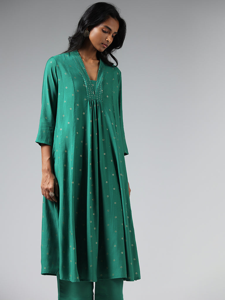 Utsa Sequined Gathered Green Kurta