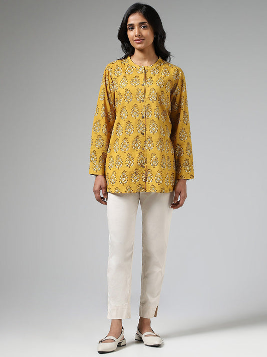 Utsa Mustard Buta Block Printed A-Line Kurti