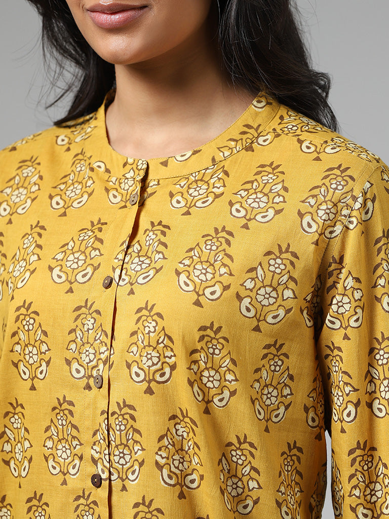 Utsa Mustard Buta Block Printed A-Line Kurti