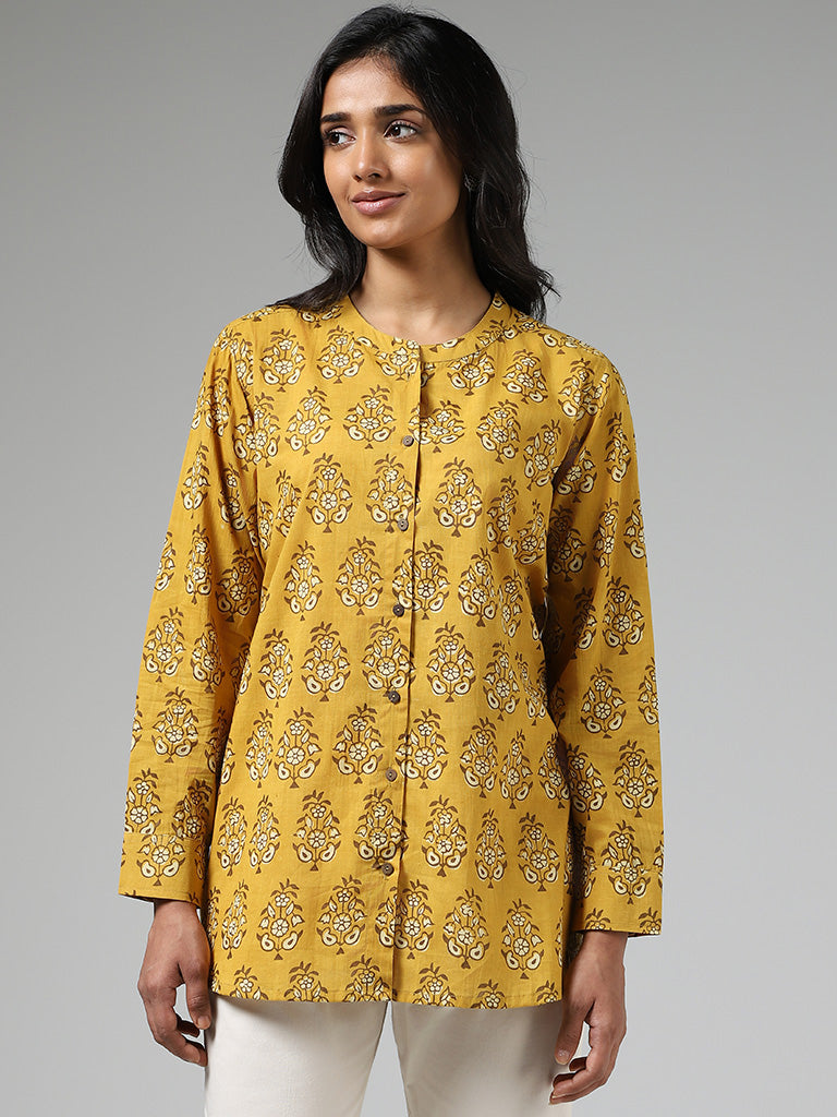 Utsa Mustard Buta Block Printed A-Line Kurti