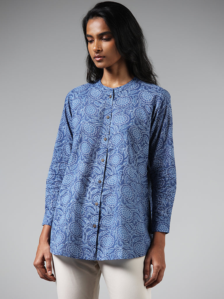 Utsa Indigo Printed Button Down Tunic