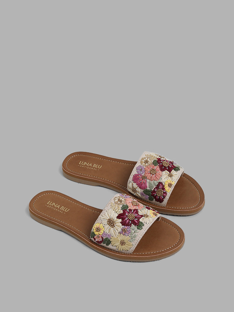 LUNA BLU Multicolour Pastel Floral Embroidered Slides