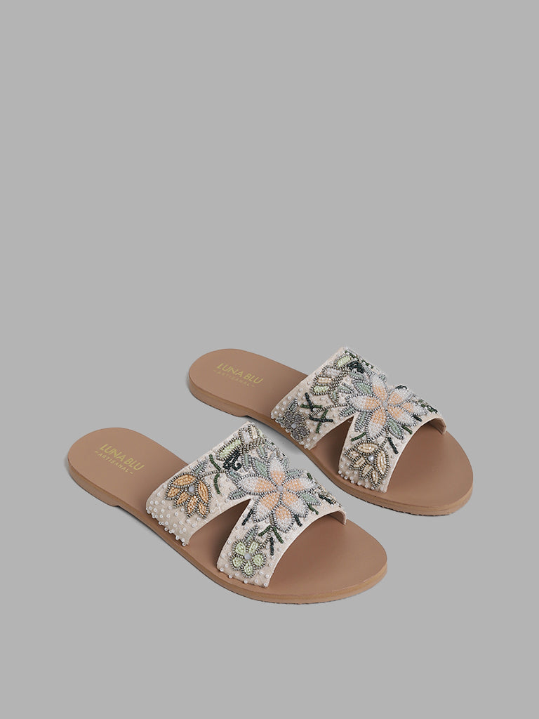 LUNA BLU Ivory Beaded Floral Embroidered Slides