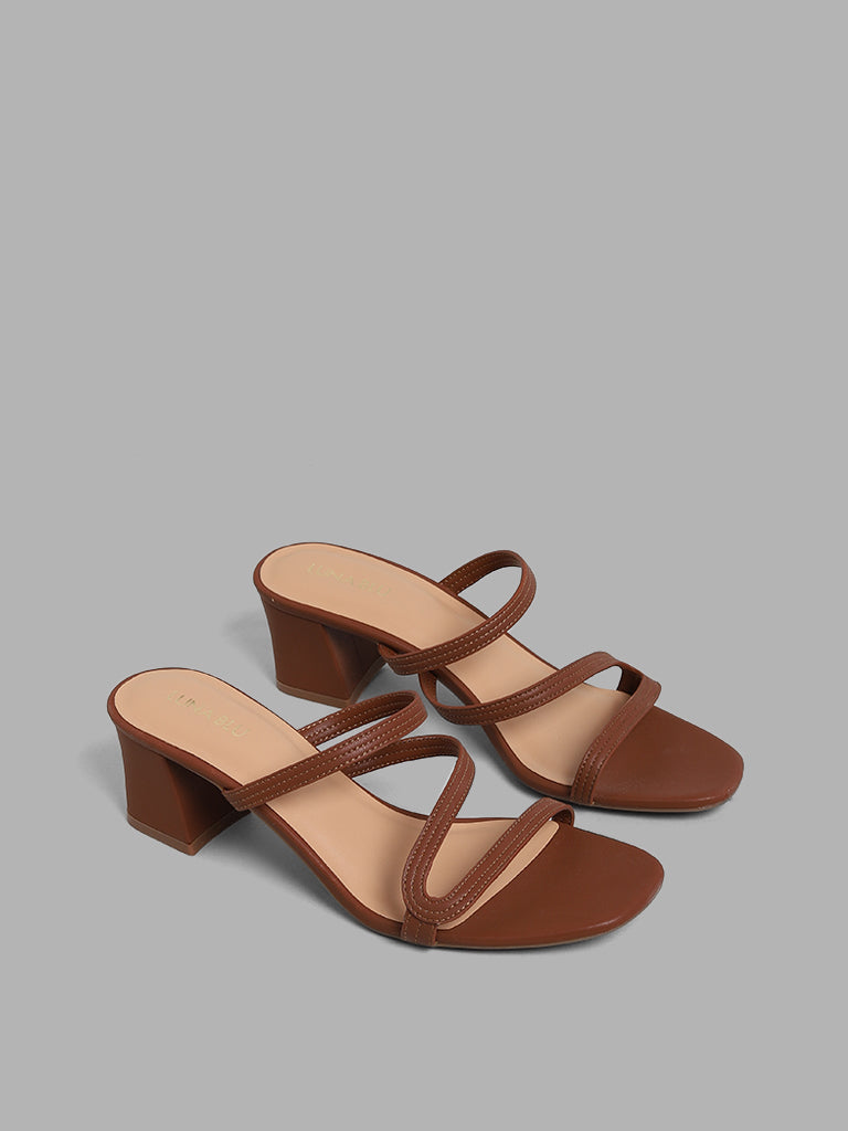 LUNA BLU Brown Strappy Block Heel Sandals