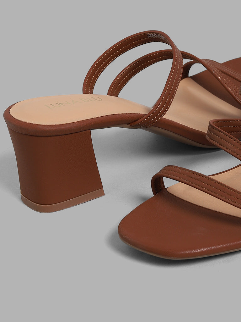 LUNA BLU Brown Strappy Block Heel Sandals