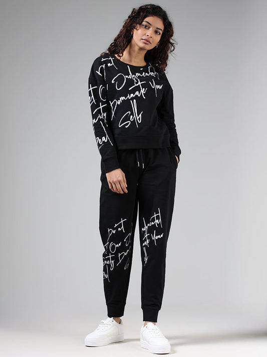 Studiofit Black Typographic Printed Cotton Joggers