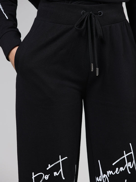 Studiofit Black Typographic Printed Cotton Joggers