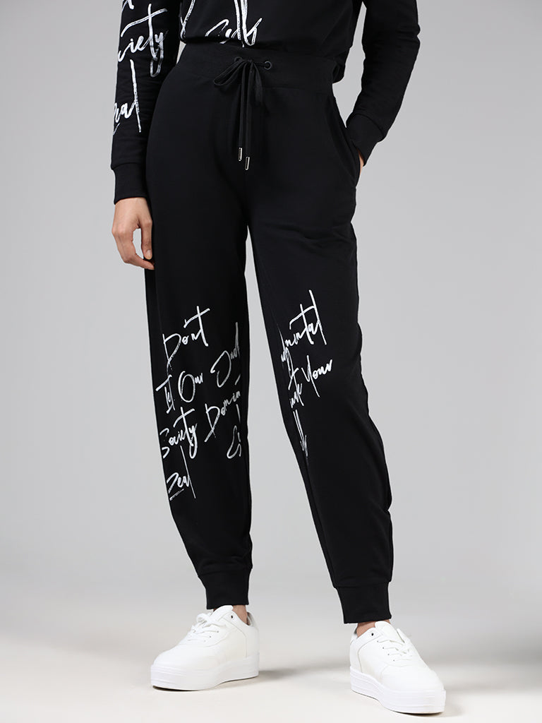 Studiofit Black Typographic Printed Cotton Joggers