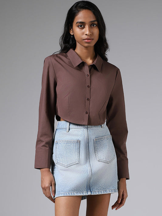 Nuon Solid Coffee Brown Crop Shirt