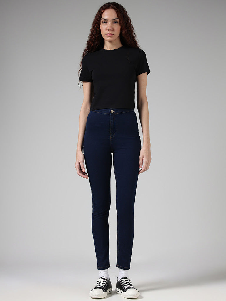 Nuon Solid Black Cotton Blend Crop T-Shirt