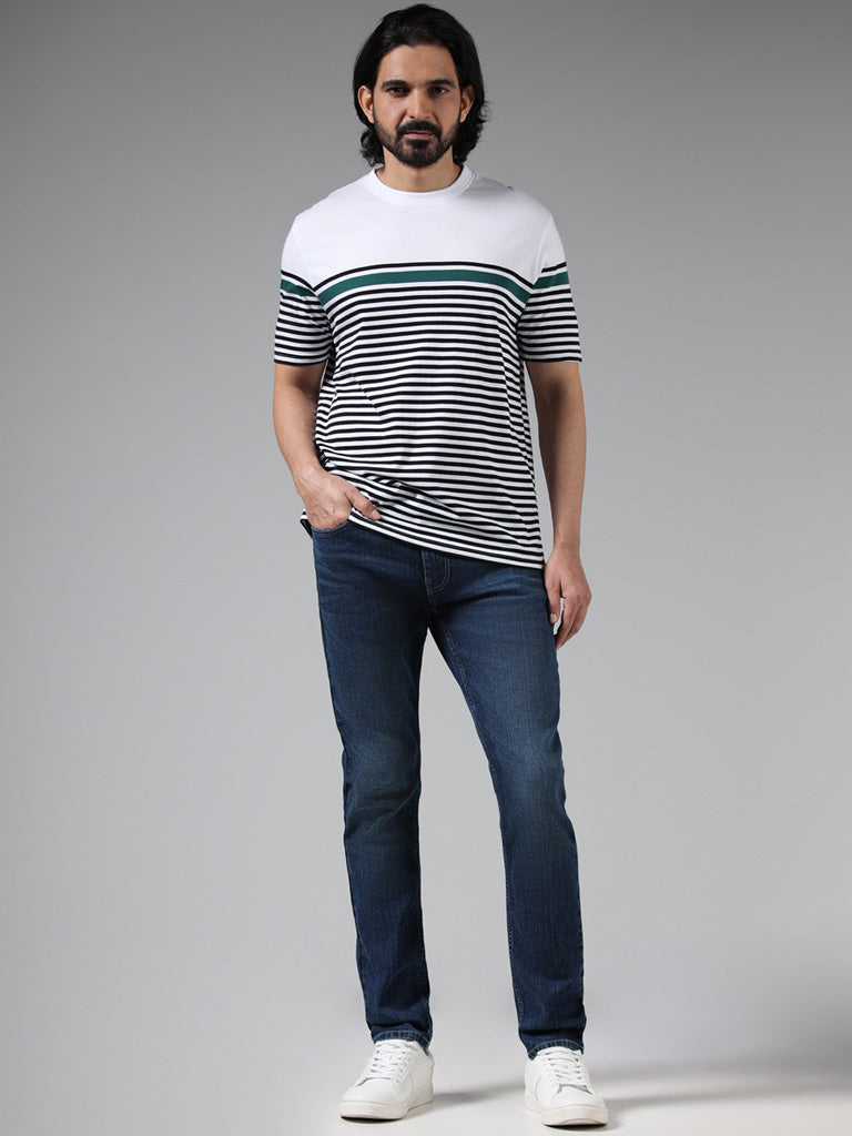 WES Lounge White Striped Cotton Relaxed-Fit T-Shirt