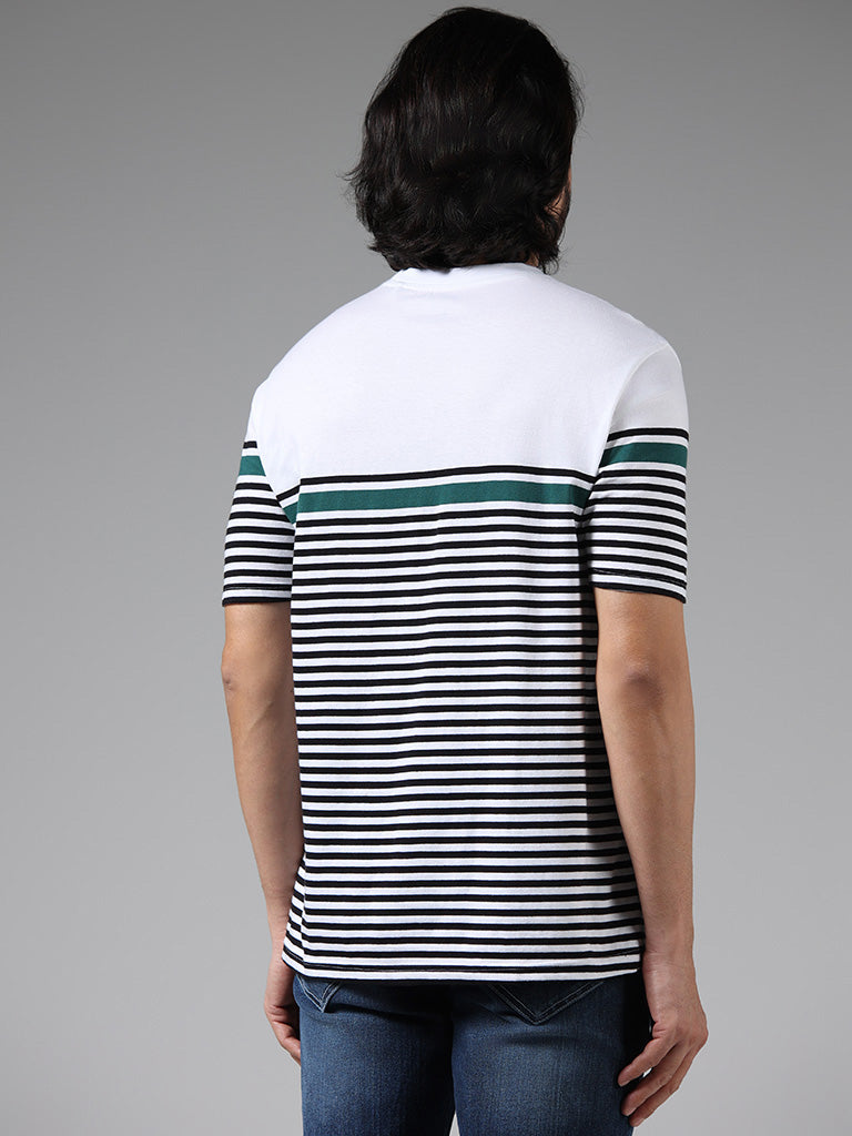 WES Lounge White Striped Cotton Relaxed-Fit T-Shirt