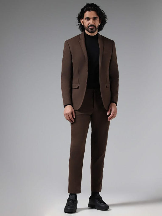 WES Formals Solid Dark Brown Slim-Fit Blazer