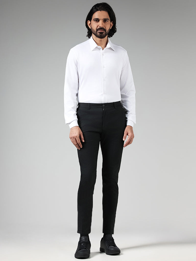 WES Formals Solid Charcoal Slim-Fit Low-Rise Trousers