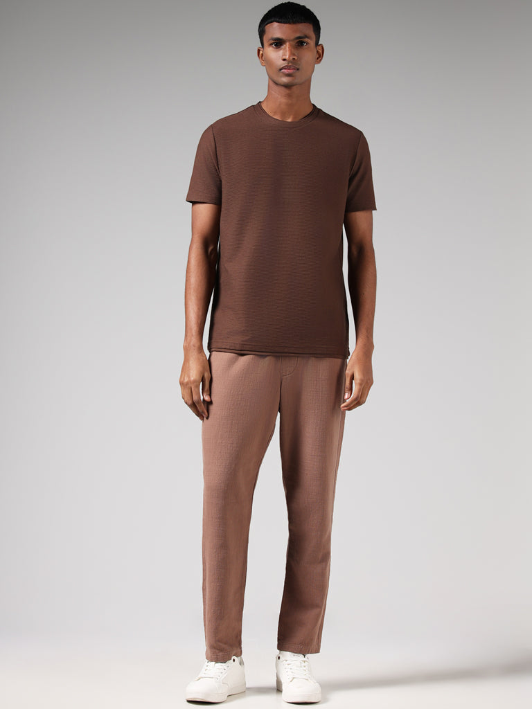 ETA Solid Brown Cotton Blend Slim-Fit T-Shirt