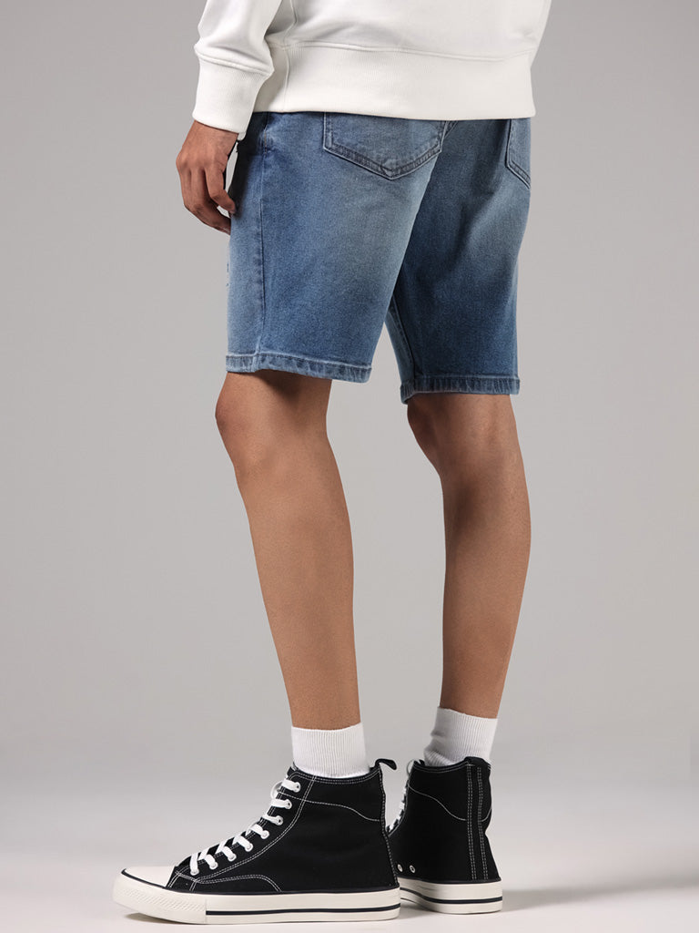 Nuon Mid Blue Denim Distressed Relaxed-Fit Mid-Rise Shorts