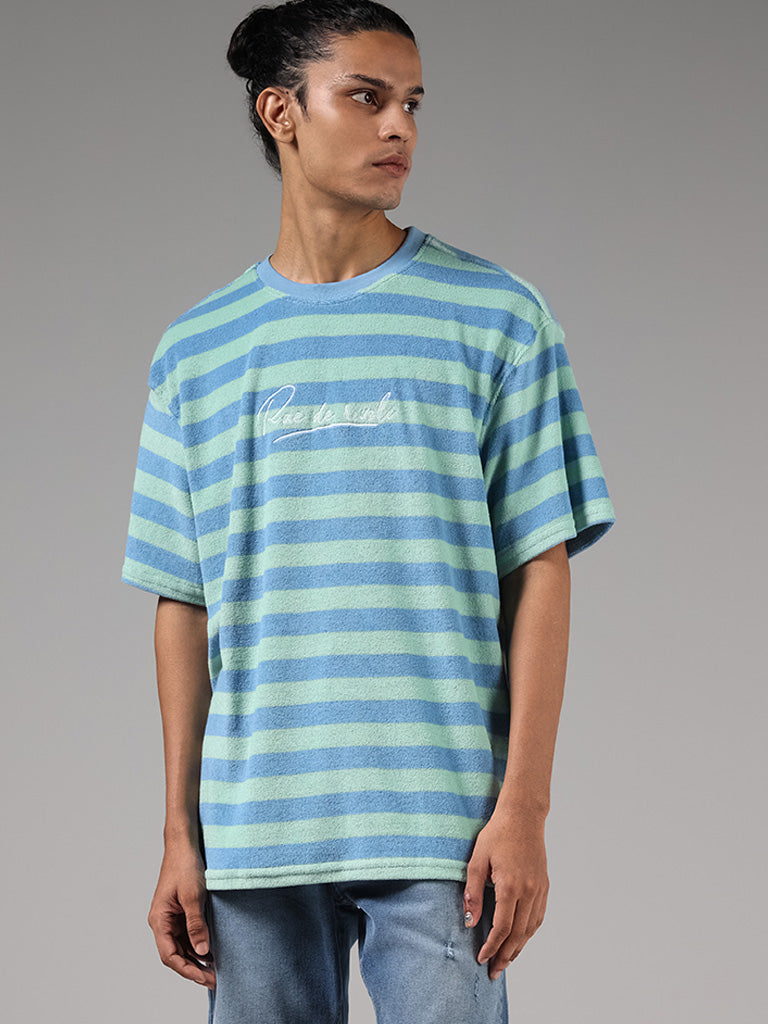 Nuon Blue Striped Typographic Cotton Relaxed-Fit T-Shirt