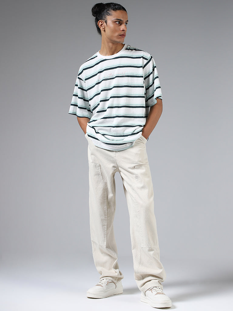 Nuon White Striped Cotton Relaxed-Fit T-Shirt