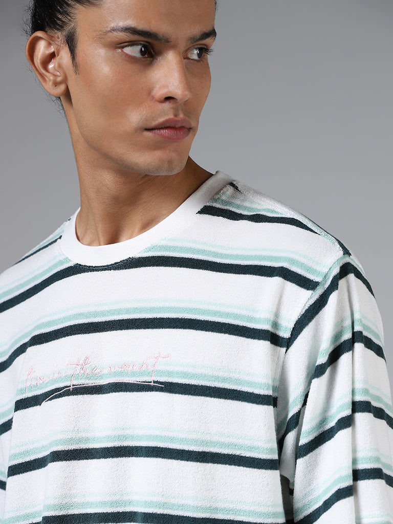 Nuon White Striped Cotton Relaxed-Fit T-Shirt