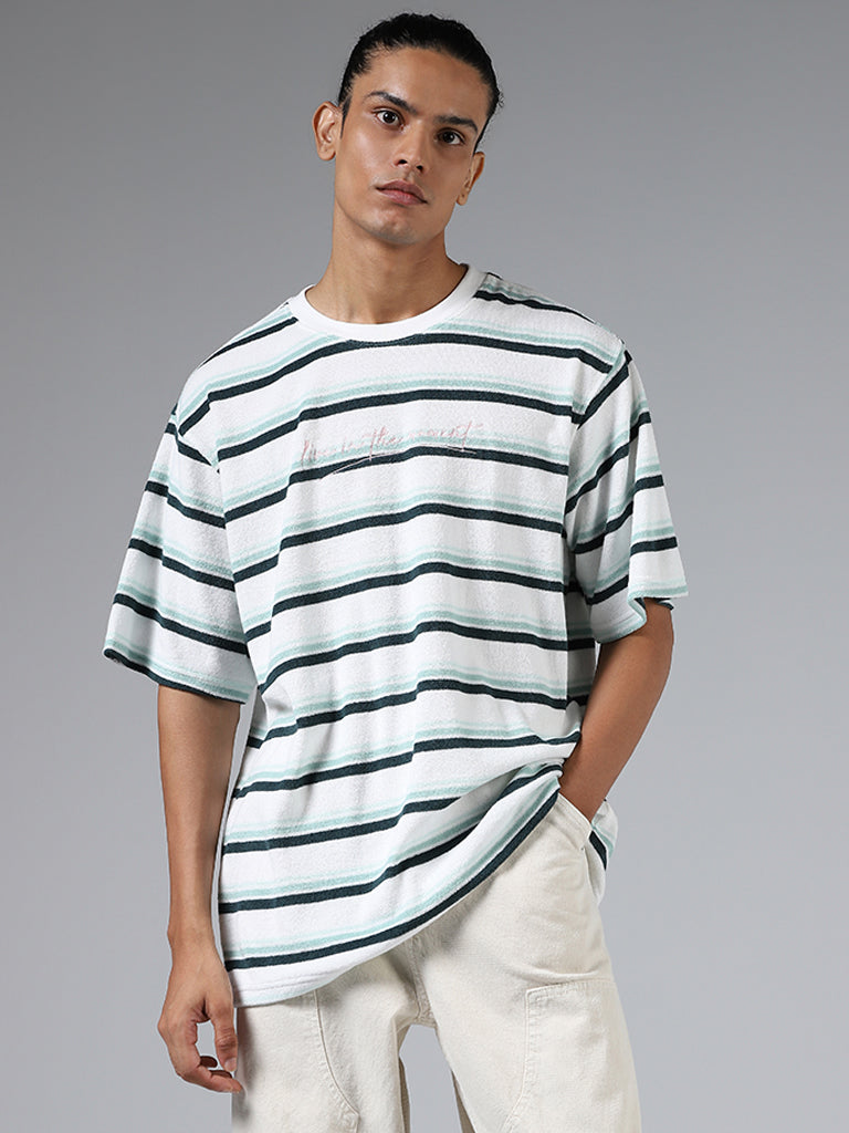 Nuon White Striped Cotton Relaxed-Fit T-Shirt