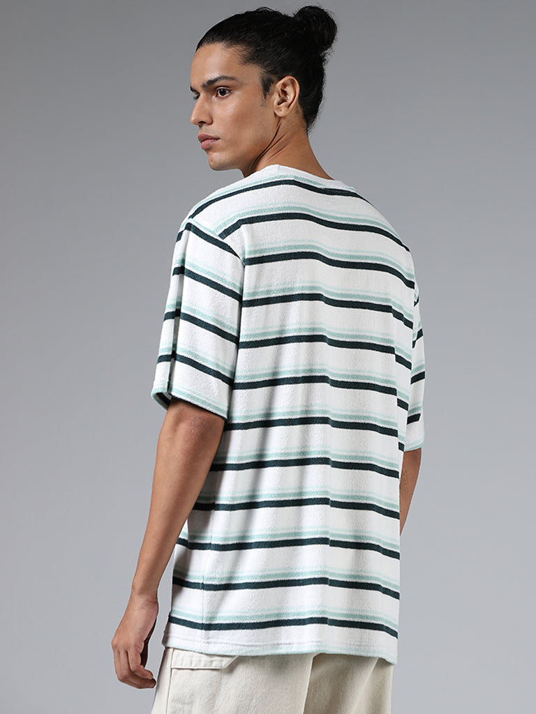 Nuon White Striped Cotton Relaxed-Fit T-Shirt