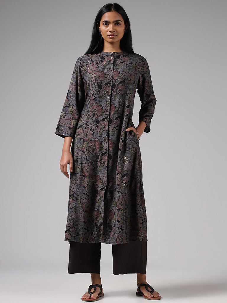 Utsa Black Floral Printed Button-down Kurta