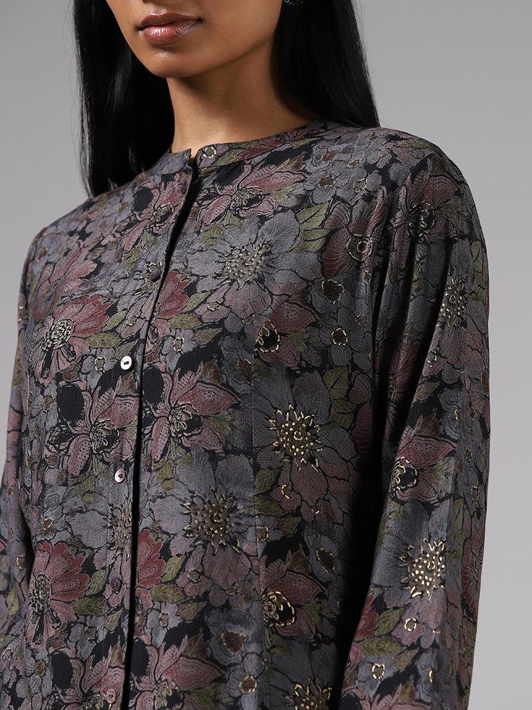 Utsa Black Floral Printed Button-down Kurta