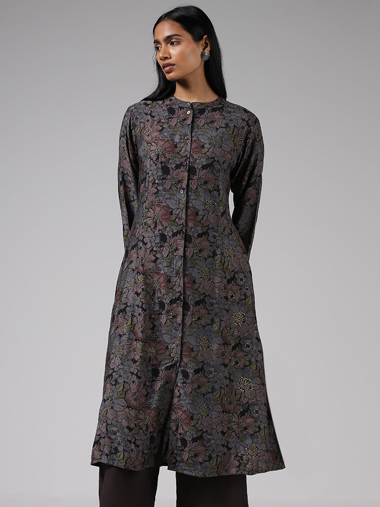 Utsa Black Floral Printed Button-down Kurta