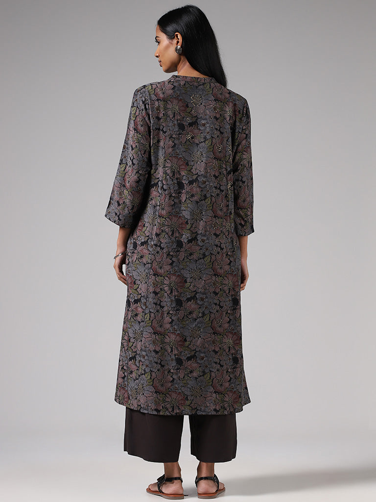 Utsa Black Floral Printed Button-down Kurta