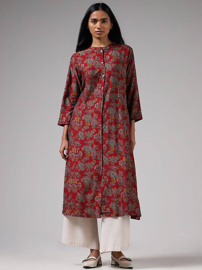 Utsa Maroon Floral Printed Button-down Kurta