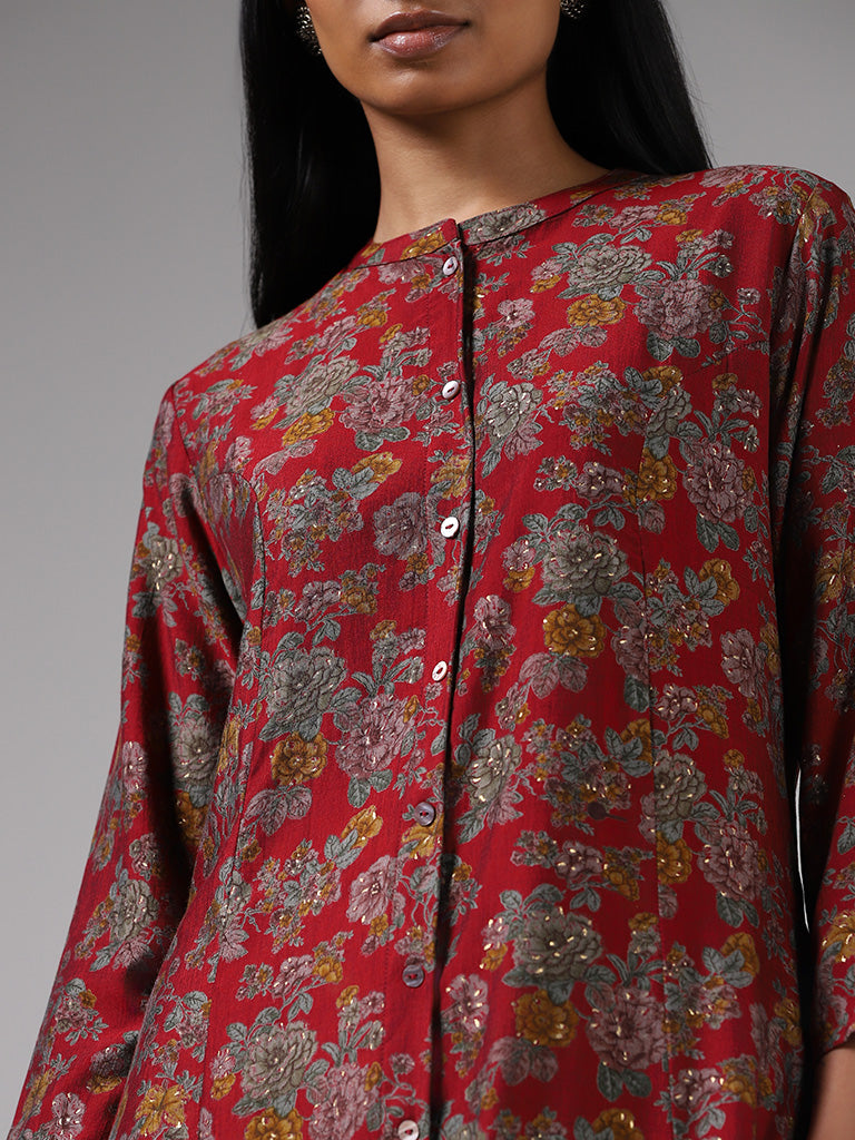 Utsa Maroon Floral Printed Button-down Kurta