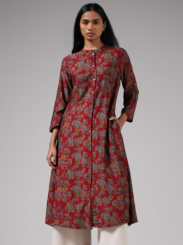 Utsa Maroon Floral Printed Button-down Kurta