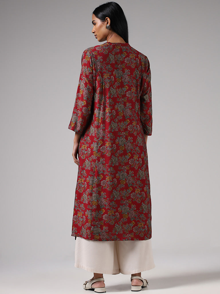 Utsa Maroon Floral Printed Button-down Kurta