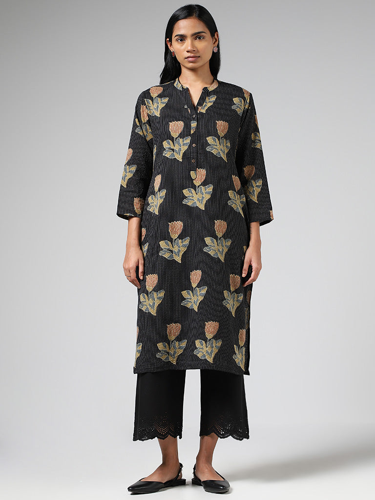 Utsa Black Tulip Printed & Kantha Embroidery Straight Kurta