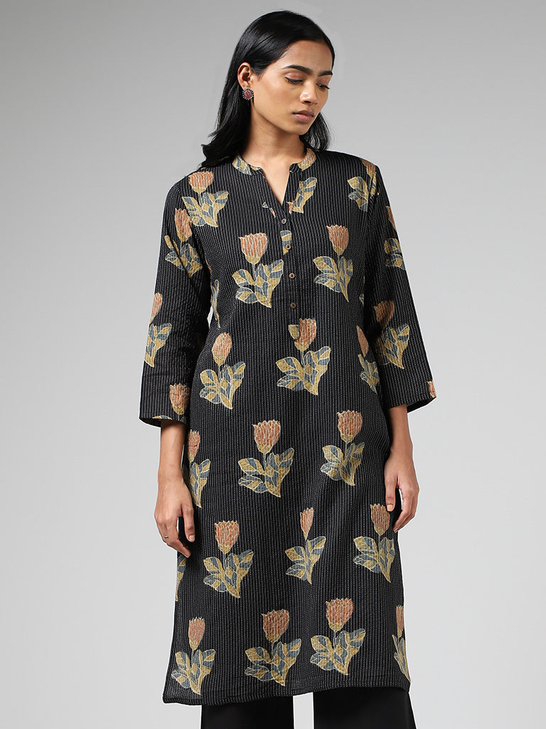 Utsa Black Tulip Printed & Kantha Embroidery Straight Kurta