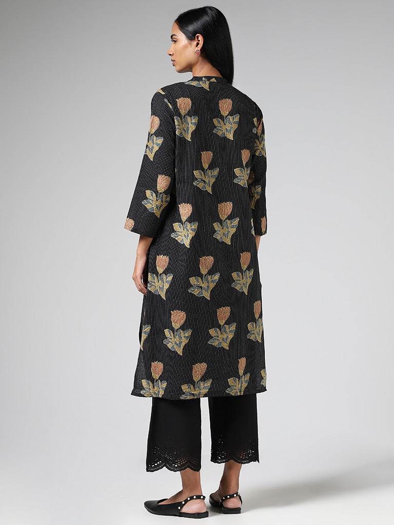 Utsa Black Tulip Printed & Kantha Embroidery Straight Kurta