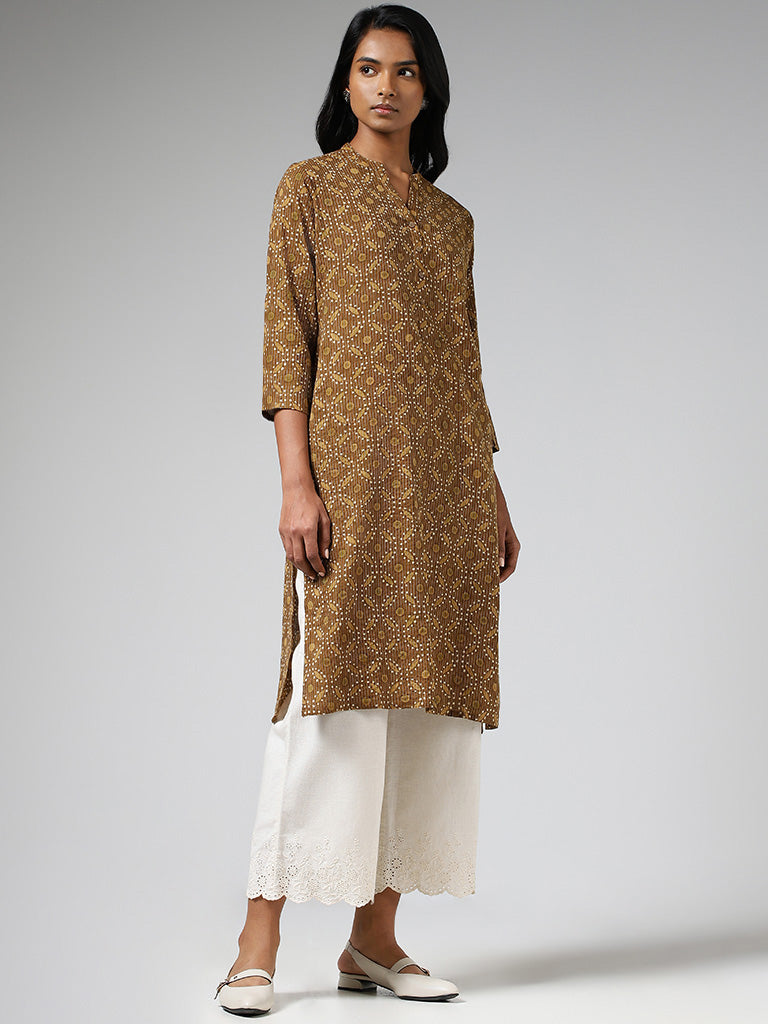 Utsa Mustard Geometric Printed & Kantha Embroidered Straight Kurta