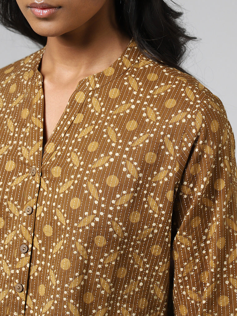 Utsa Mustard Geometric Printed & Kantha Embroidered Straight Kurta