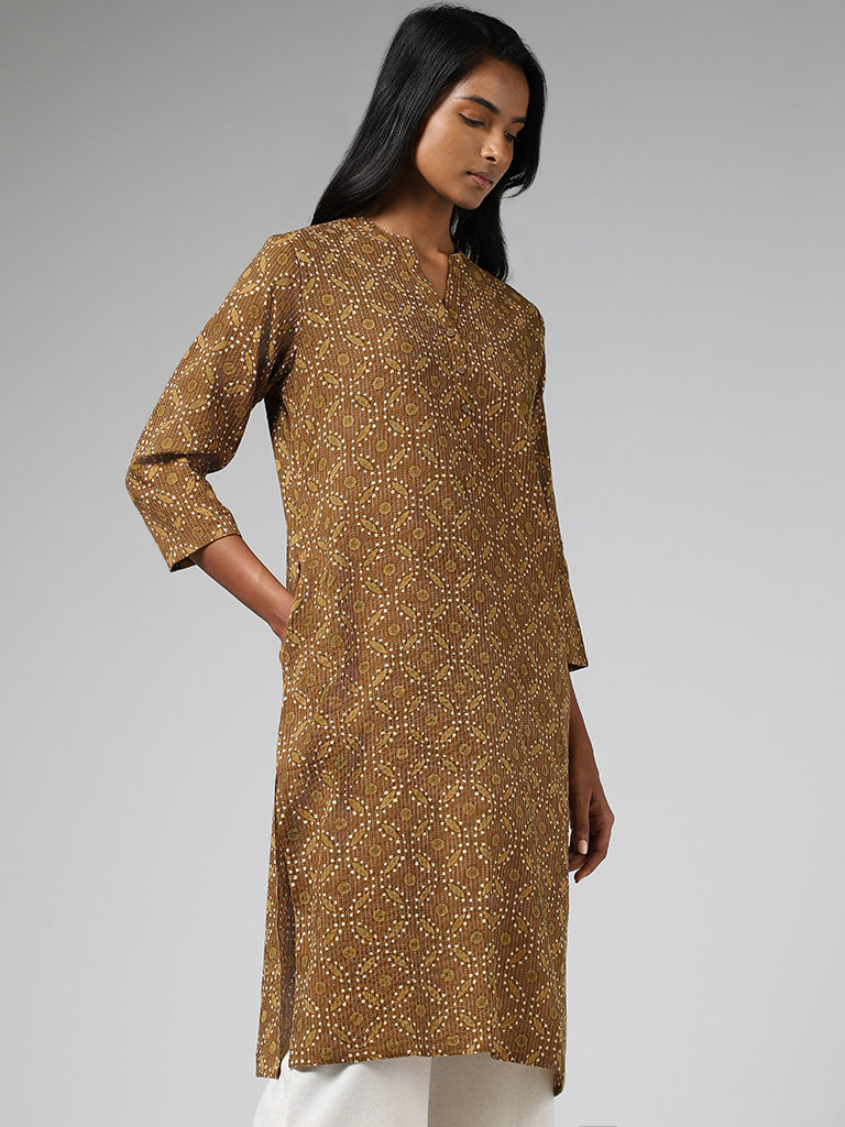 Utsa Mustard Geometric Printed & Kantha Embroidered Straight Kurta