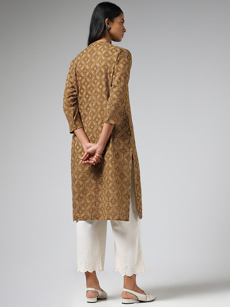 Utsa Mustard Geometric Printed & Kantha Embroidered Straight Kurta