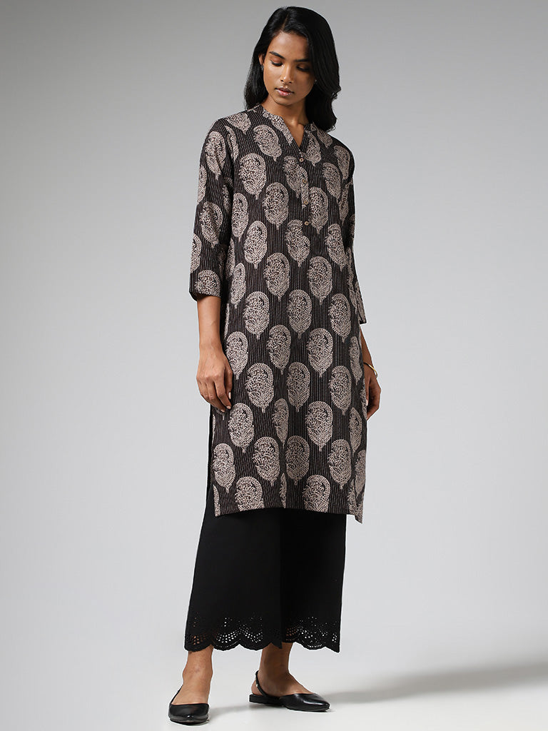 Utsa Charcoal Paisley Printed & Kantha Embroidered Straight Kurta