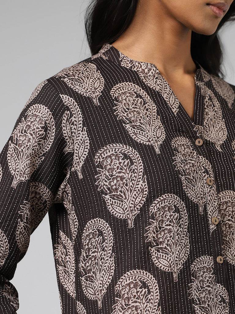 Utsa Charcoal Paisley Printed & Kantha Embroidered Straight Kurta