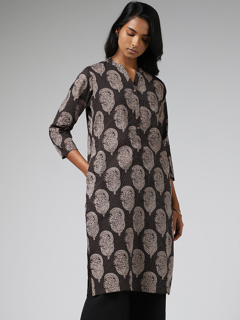 Utsa Charcoal Paisley Printed & Kantha Embroidered Straight Kurta