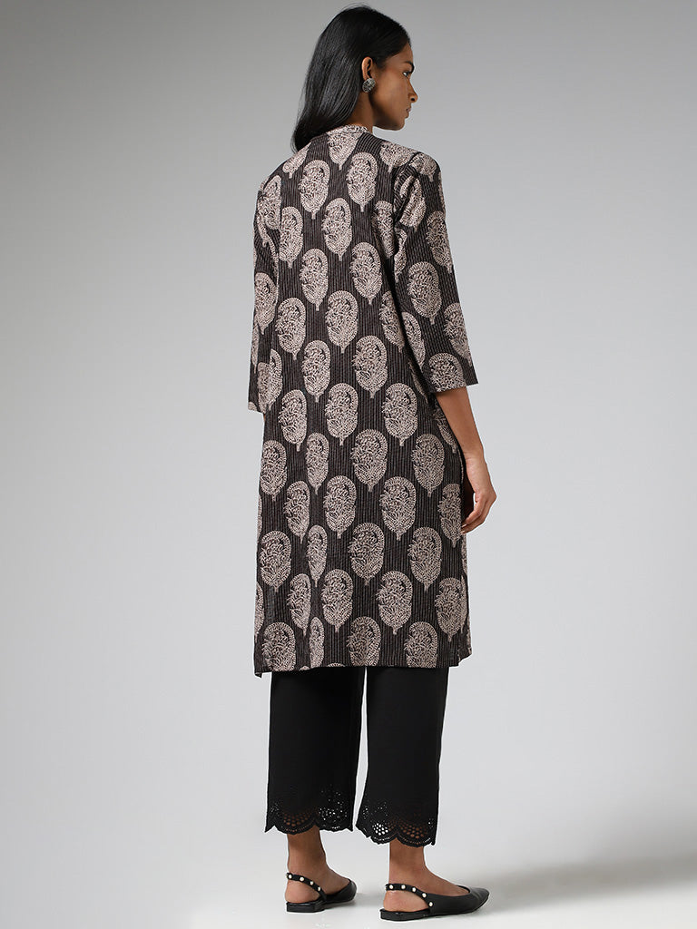 Utsa Charcoal Paisley Printed & Kantha Embroidered Straight Kurta