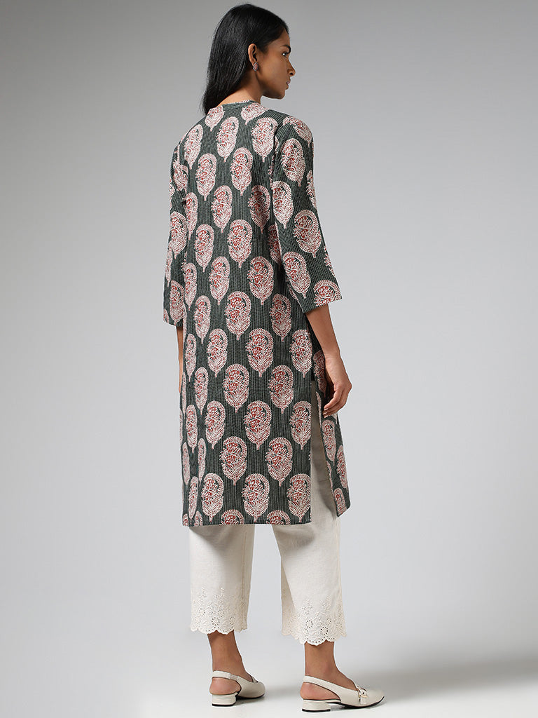 Utsa Dark Green Paisley Printed & Kantha Embroidered Straight Kurta